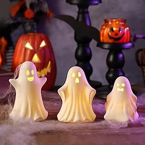 Halloween Ghost Decorations - 3 Pcs Gothic Ceramic Ghost Light Up Decor, White Ghost Figurine for Halloween Table Home Decorations Indoor