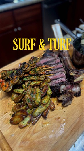 Surf & Turf: Beef Tomahawk, Shrimp Skewers & Tallow Fingerlings