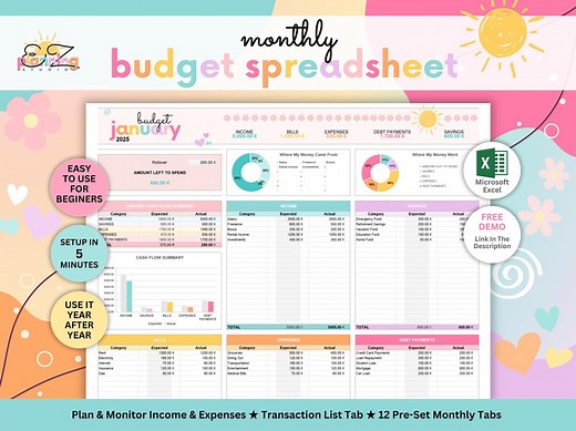 Monthly Budget Spreadsheet • Excel Sheets Finance Template • Easy Financial Planner and Expense Tracker for Beginners • 12 Monthly Tabs - Etsy
