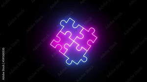 Neon Glowing Jigsaw Puzzle Solve Animation Background, 4 Side Jigsaw Puzzle Falling digital background, 3d Animation Of Jigsaw Puzzle Problem Solved Concept. Animated Jigsaw Missing Piece Business