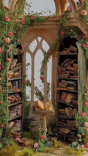 Creating an Abandoned Miniature Library with Pink Flowers | Miniature Art Tutorial