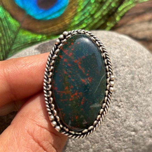 Handmade Bloodstone Ring – Natural Green Red Gemstone Silver Ring Size US 7 – Boho Statement Jewelry Gift for Her USA