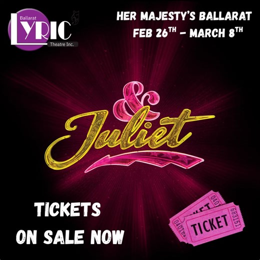 Tickets are live!! The best seats won’t last long…go get them! 🏃🏃‍♀️🏃‍♂️ https://www.ballaratlyrictheatre.com.au/ Ballarat Lyric Theatre’s 2026 production of &Juliet is proudly sponsored by J&D Auto Paints, 3BA 102.3 FM, 103.1 Power FM Ballarat, SLC - Sound & Light Concepts Pty Ltd, Ballarat, Mystic Entertainmentz, PPT Accountants & Financial Planners, Piano Bar Ballarat, Impact Teamwear Embroidery and Screen Printing Specialists, Sovereign Radiology & Haymes Paint. | Ballarat Lyric Theatre I