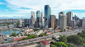 Sydney, Australia: Aerial view of skyscraper skyline of Sydney central business district (CBD) in capital city of Australian state of New South Wales and most populous city in Australia
