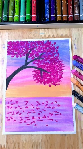 Anyone Can Draw This Sakura Tree 🌸 Easy Oil Pastel Trick