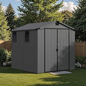 Patiowell 6 x 8 FT Plastic Outdoor Storage Shed with Floor, Resin Outside Tool Shed with Two Windows and Lockable Easy to Install, Door for Garden, Backyard, Tool Storage Use, Dark Grey