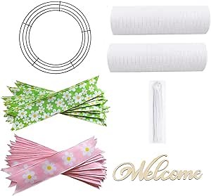 Wreath Making Kit Wreath DIY Supplies Wire Wreath Frame 12 Inch with 2 Roll 10" White Mesh 10 Yards, 40 Pieces of Ribbons,Pipe Cleaner,Sign, All in One Wreath Making Kit