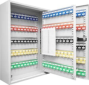 Barska 200-Position Key Cabinet Lock Box – Combination Lock, Adjustable Numbered Hooks, Color-Coded Key Tags, Steel Construction – Gray Finish