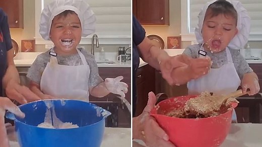 Little chef tries to eat ingredients while cooking with grandma