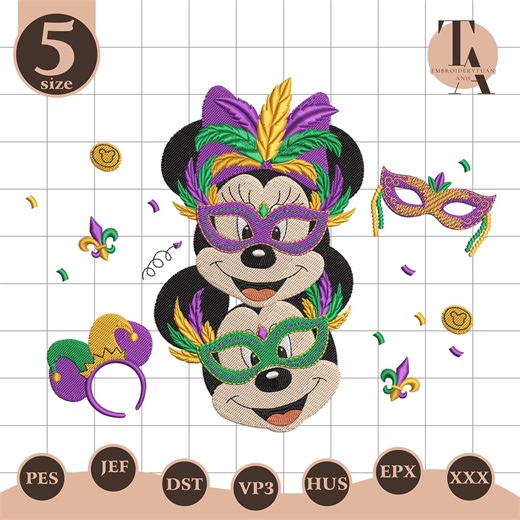 MK MN Mouse With Masquerade Masks Mardi Gras Embroidery File, Festive New Orleans Embroidery Design, WDW Cartoon Fan Gift, Carnival Gift - Etsy