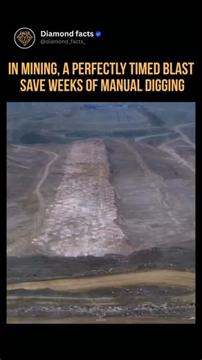Diamond facts on Instagram: "In mining, a well-timed blast is used to break tough rock instantly. Engineers place explosives inside drilled holes and connect them to detonators. When activated, the detonator triggers a rapid chemical reaction in the explosive, releasing high-pressure gas and shockwaves. This sudden force cracks and shatters the rock in seconds. Because the blast breaks a large section all at once—something that would take weeks of manual digging—the mining process becomes faster