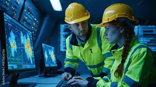 Engineers analyze data on computer monitor in control room. Man engineer points at screen showing data. Woman works on keyboard monitoring system. Engineers in safety helmets review monitor data.