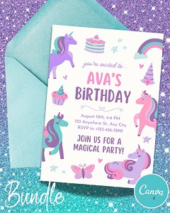 Editable Unicorn Birthday Invitation Bundle | Canva Template | Instant Download - Etsy Canada
