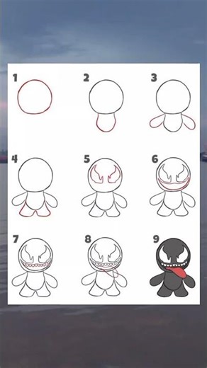 Cute step-by-step guide to drawing a chibi venom, from simple sketch to full color.