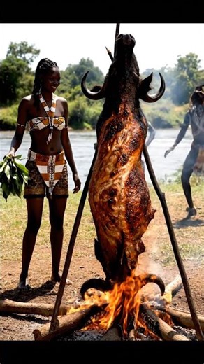 🔥 Tribal Cooking | Buffalo Roasting Over Fire by the River 🌍🍖 | #shorts