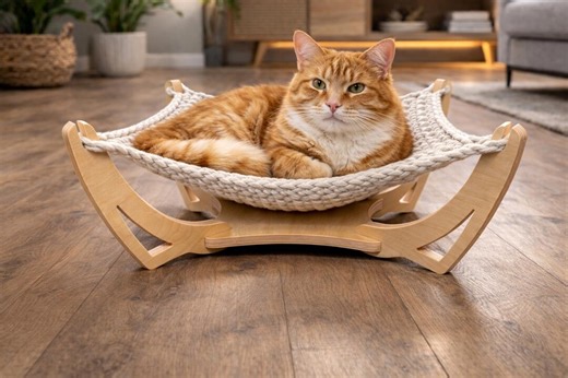 Wooden Cat Hammock With Macrame, Floor Cat Bed, Cozy Boho Cat Furniture, Handmade Pet Lounger - Etsy