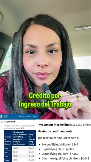 💸 Si trabajaste en el 2025, esto puede subir tu reembolso y mucha gente ni lo reclama. (Necesitas SSN) Se llama EITC (Crédito por Ingreso del Trabajo) ✅ y es un beneficio del IRS para personas con ingresos bajos o moderados ✅ Puedes calificar aunque no debas impuestos ✅ Y puede aumentar tu reembolso (si aplicas) 📌 En el 2025 el crédito puede ser hasta: — $649 si no tienes hijos — $4,328 con 1 hijo — $7,152 con 2 hijos — $8,046 con 3 o más hijos ⚠️ Ojo: Para calificar depende de tus ingresos, t