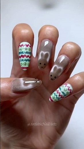 Easy Cat Eye Bunnies & Easter Egg Nails 🐰✨[TUTORIAL] 💚 Korean Velvet Cat Eye #nailart #easternails