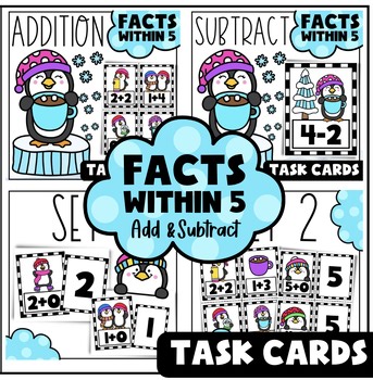 Addition & Subtraction Within 5 Math Center Matching Task Cards | Penguins