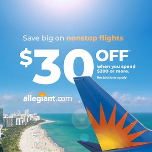 Allegiant is now offering $30 OFF* flights when you spend $200 or more. Claim your deal today! ✈️🌴 *Restrictions may apply, for more details, visit https://algt.info/30offterms | Allegiant