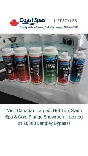 Protect your hot tub. Protect your health. Protect your Investment. Choose Canadian quality.⁠ ⁠ 🧪 Keep Your Water Crystal Clear with Trusted, Canadian-Made Spa Chemicals! 🍁 ⁠ ⁠ Your hot tub experience starts with clean, balanced water, and that means using high-quality spa chemicals you can rely on.⁠ ⁠ At Coast Spas, we proudly carry a complete line of Canadian-made spa chemicals, expertly formulated to maintain water clarity, hygiene, and comfort.⁠ ⁠ ✔️ Easy-to-Use Products⁠ ✔️ Effective Wate