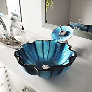 VIGO Mediterranean Seashell Glass Vessel Bathroom Sink and Waterfall Faucet with Pop Up, Chrome