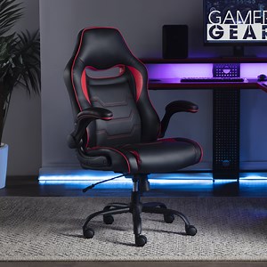 Gamer Gear Sentry Gaming Chair with Flip-Up Armrest and Adjustable Height and Tilt, Teens and Adults, Black and Red Accents
