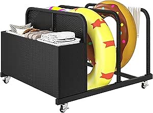 DWVO Pool Float Storage, Pool Storage Bin with PE Rattan,Pool Storage for cushions, Floaties, Noodles, Life Vests, Beach Balls, Patio Furniture (Black)