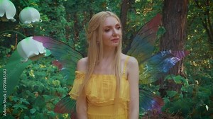 Happy smiling face fantasy woman fairy in yellow dress bright butterfly wings. Elf girl blonde hair fashion model posing near large artificial flower lilies of valley green summer forest fog tree 4k