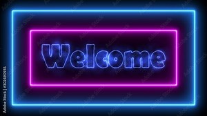 Welcome sign. Sign in neon style. Popular abstract rectangle with neon blue purple spectrum lines. Animation fluorescent ultraviolet light glowing neon lines. Seamless loop. 4K Stock Video