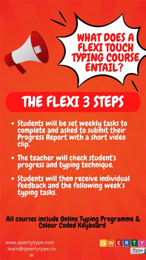 ✨ What does a Flexi Touch Typing Course involve? ✨ 💻 Learn at your own pace — with full teacher support! ✅ Step 1: Complete your weekly typing tasks & send a short progress video. 👩🏫 Step 2: Your teacher checks your technique & progress. 📬 Step 3: Get personal feedback your next week’s tasks! Flexible. Fun. Focused. 💪⌨️ Perfect for students who want real progress — on their own schedule! | QWERTYType