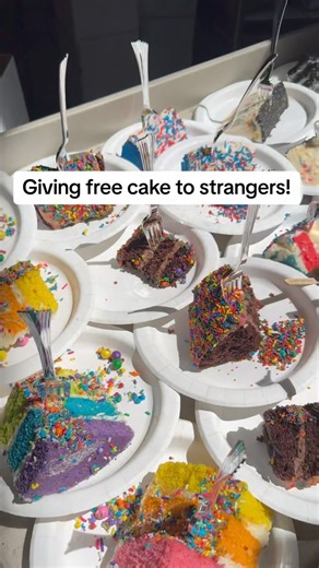 14K views · 135 reactions | Giving free cake to strangers at the platform in Culver City!! 拾﫶 spreading sprinkles and smiles one slice at a time! ✨ #flourshop #freecake #givingcaketostrangers #birthdaylifestyle #cake #onthestreet #culvercity #rainbowexplosioncake | Flour Shop | Facebook