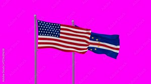 Cape Verde flag and USA or United State flags waving with colored chroma key for easy background remove, endless seamless loop, two country relations concept