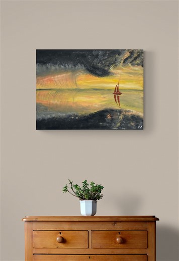 Original Oil Painting Seascape Red Sailboat, Moody Sunset Sky Wall Art (16x12 Inches) - Etsy