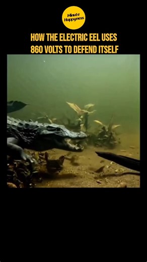 minutehappyness on Instagram: "The electric eel is one of nature’s most astonishing living batteries — capable of generating powerful electrical shocks reaching up to 860 volts underwater ⚡️! Nearly 80% of its body is made up of thousands of specialized cells called *electrocytes*, which act like tiny biological batteries stacked end to end. When threatened, the eel’s nervous system sends a rapid signal to all these cells, causing them to fire at once and release a pulse strong enough to stun or