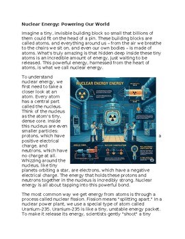 Nuclear Energy - Middle School Science Reading Worksheet - 100% Editable