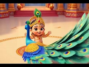 Baby Krishna playing with peacock