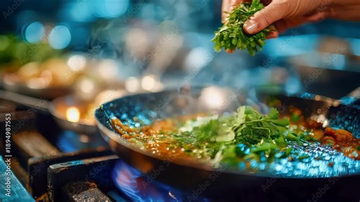 Chef sprinkling fresh herbs into simmering curry sauce in a hot skillet over gas flame, steam rising, close-up cooking scene