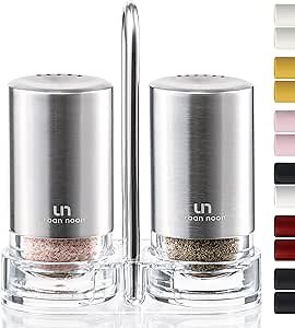 Salt and Pepper Shakers with Holder - Elegant Stainless Steel Salt Shaker and Pepper Shaker Set with Acrylic Holder for Kitchen Counter or Restaurant Table