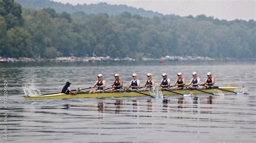 Rowing team racing on a lake in an eight-person shell