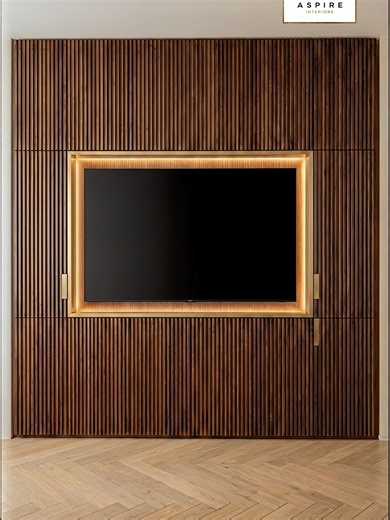 Elegante pared de medios de nogal con almacenamiento oculto