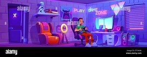 Young man playing video game on computer. Cartoon vector of room interior with gaming and streaming setup. Teen boy sitting in chair with joystick near desk with monitor and neon signs on wall Stock Vector Image & Art - Alamy