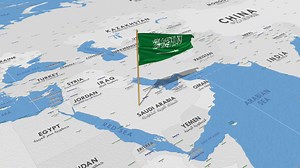 Download KSA, Kingdom of Saudi Arabia Flag Waving with The World Map, Seamless Loop in Wind, 3D Rendering for free
