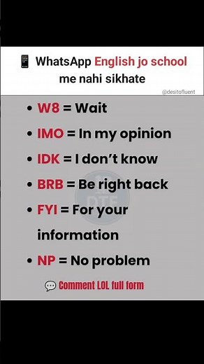 Chatting Short Forms Meaning 💬 | W8, IMO, IDK, BRB, FYI Full Form #englishshorts #vocabulary