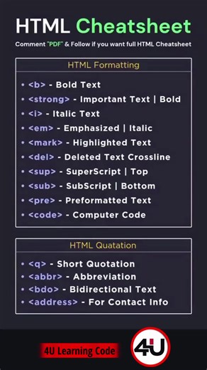 HTML Inputs Tags HTML Cheatsheet Full Level up your skills with daily quick quiz challenges! 🧠 Follow, comment, and share to start your coding journey today! 🚀 #python #coding #growthmindset #JavaScript # #withomaraburizk #4u #4ulearn #4ulearncode #withomar #JavaScript #Coding #4ulearningcode #studywithomar تعلم_البرمجة #برمجة_من_الصفر #تعليم_برمجة #مطورين #ويب_ديڤيلوبر# #جافاسكريبت #تعليم_برمجة #برمجة_من_الصفر #تعلم_البرمج#
