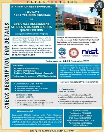 MSME-Sponsored LCA & Carbon Credits Training | Dec 28–29 | Apply Now | Check Description