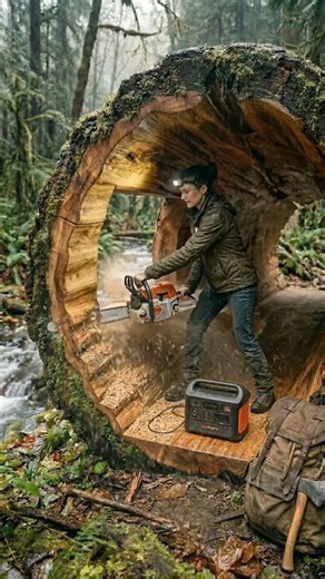 Building a Cozy Glass Cabin Inside a Giant Fallen Tree | Survival Shelter in the Rain
