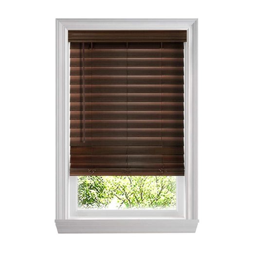 Check The Home Depot's Q&A Before Buying: Home Decorators Collection Espresso Cordless 2-1/2 in. Premium Faux Wood Blinds with 2.5 in. Slats - 65.625 in. W x 72 in. L