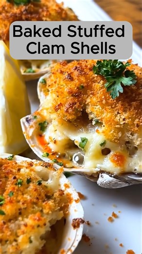 Baked Stuffed Clam Shells Golden, crispy, and brimming with buttery seafood flavor—these baked stuffed clam shells are the perfect appetizer for any special meal or cozy dinner at home. Ingredients 12 large fresh clams, cleaned 1 cup breadcrumbs (panko or Italian-style) 3 tbsp melted butter 2 tbsp olive oil 3 cloves garlic, minced ¼ cup onion, finely chopped ¼ cup celery, finely chopped ¼ cup grated Parmesan cheese 2 tbsp fresh parsley, chopped 1 tsp Old Bay or seafood seasoning ½ tsp paprika Sa