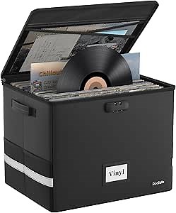 DocSafe Fireproof Vinyl Record Storage Box with Lock,Large Record Organizer Storage for 150+ Single Records,Collapsible Storage Crate with Lid&Handles for Valuable Album Collection,16.1''x13''x13''